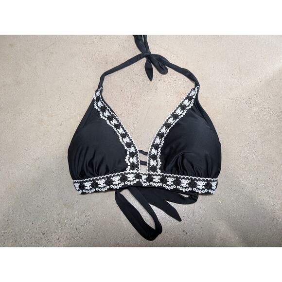 Kona Sol Halter Bikini Top Womens D/DD Black Solid Crochet Trim & Blk Bottoms - Picture 2 of 7